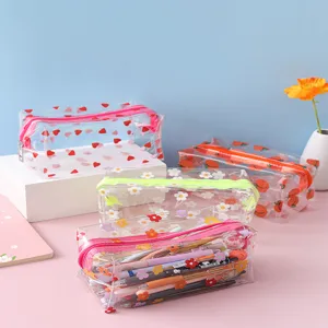 Clear transparent pencil case with cute prints, large capacity PVC stationery bag for school.