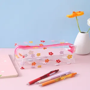 Transparent pencil case with cute floral patterns, large capacity stationery bag for school.