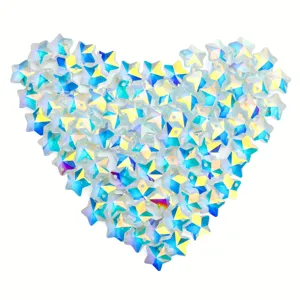 100pcs iridescent crystal star beads arranged in a heart shape for DIY jewelry making.