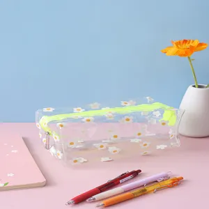Detailed view of clear daisy printed pencil case with bright zipper in aesthetic desk setup.