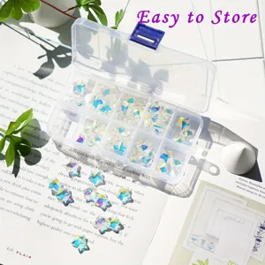 Detail of 100 crystal star beads in a plastic storage box for DIY jewelry making