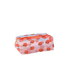 Clear transparent pencil pouch with cute peach print, large capacity cute makeup organizer.