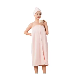 Draagbare badhanddoek set voor dames, zachte absorberende koraalvleece badrok met haardroogmuts.