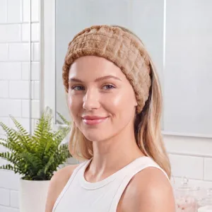 Soft coral fleece makeup headband for washing face, comfortable wide elastic hair band for women.