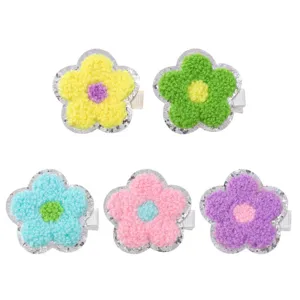 Colorful 3D towel embroidered flower hair clips set with silver glitter for girls
