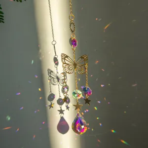 Butterfly Crystal Suncatcher Hanging Ornament Rainbow Window Decor With Gold Metal Chain Star Sun Pendant Home Garden Decoration