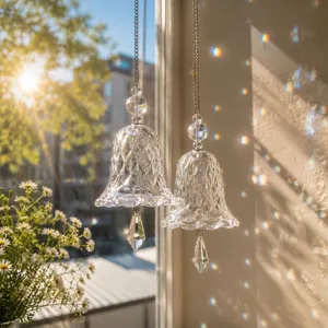 Primer plano de atrapasoles de campana de cristal con reflejos de luz solar brillantes.