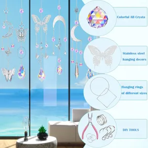 Detailed view of DIY suncatcher kit components including AB crystals and steel charms