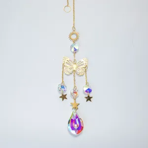 Golden crystal butterfly suncatcher with star charms and aurora prism teardrop detail