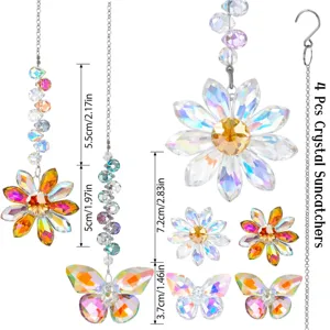 Detailweergave van 4 kristallen zonnevangers met vlinder- en bloemprisma-metingen.
