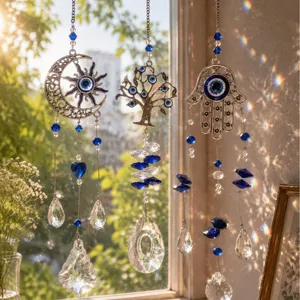 Cristallo Acchiappasole Malocchio Ornamento Appeso Luna Albero della Vita Mano di Fatima Decorazione Finestra Arcobaleno Boho Casa