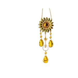 Crystal sunflower suncatcher with faceted yellow pendants for home window decoration