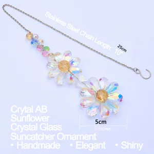 Close-up of crystal sunflower suncatcher with stainless steel chain and dimensions