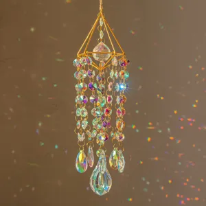 Attrape-Soleil en Cristal Carillon Éolien Fabricant d'Arc-en-Ciel Ornement Suspendu Prisme Géométrique en Métal Doré Décoration