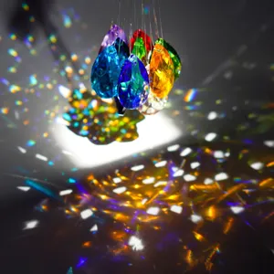Primo piano di prismi in cristallo sfaccettato multicolore da 38 mm con rifrazione viva