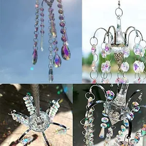 Macro detail of iridescent crystal beads on a chandelier suncatcher for garden decoration