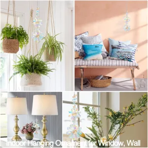 Detailed view of iridescent crystal flower suncatcher hanging in various home settings