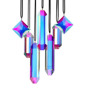 Detailed view of iridescent crystal prisms suncatcher for window hanging rainbow maker
