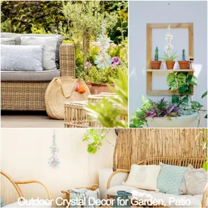 Decorative iridescent crystal flower suncatcher hanging in a serene outdoor garden and patio