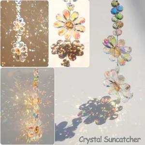 Detailed macro view of iridescent crystal flower suncatcher with rainbow light spots