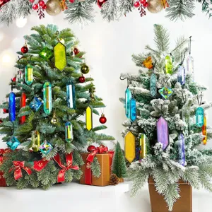 Vibrant crystal suncatcher prisms displayed as ornaments on a festive Christmas tree