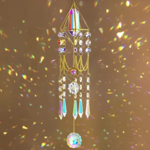 Macro detail of crystal sun catcher with gold frame and rainbow light refractions