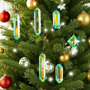 Detailed view of iridescent crystal suncatcher prisms hanging on a Christmas tree