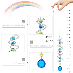 Ανοξείδωτο suncatcher διπλής έλικας με χάντρες τσάκρα και μπλε κρυστάλλινη σφαίρα K9