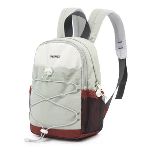 Detail of outdoor hiking backpack with color-block design and bungee cord front