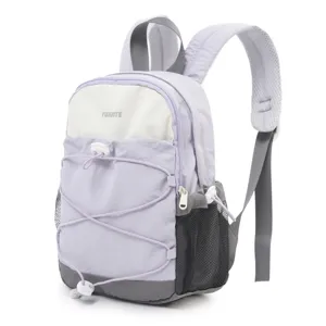 Detailed view of light purple small outdoor hiking backpack with color-blocking design