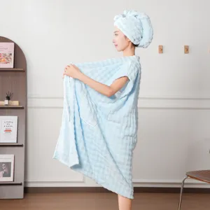 Coral fleece wearable bath towel detail, soft absorbent quick dry bathrobe for home use.