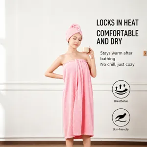 Women Wearable Bath Towel Coral Fleece Pineapple Grid Thickened Soft Absorbent Bath Skirt With Dry Hair Cap Home Daily Bathrobe