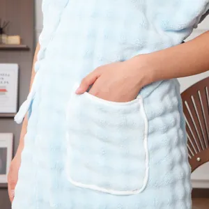 Soft coral fleece bath robe wearable towel for women cozy home sleepwear pocket design