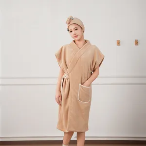 Women Wearable Bath Towel Bathrobe Coral Fleece Absorbent Quick Drying Sleepwear Spa Bath Dress With Hair Drying Cap