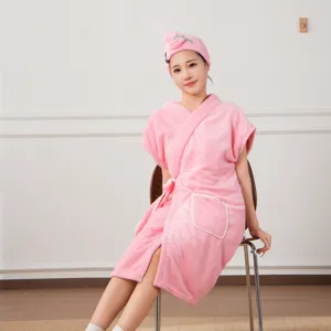 Pink waffle knit bath robe and hair drying cap set, quick drying women sleepwear.