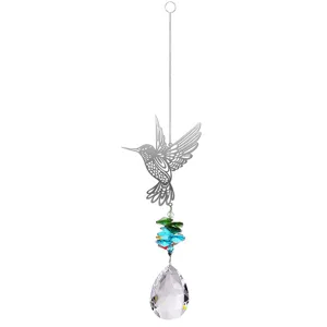Silver hummingbird crystal suncatcher with colorful beads and clear prismatic pendant drop