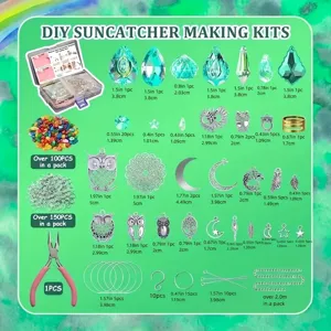 Detailed view of DIY suncatcher kit components including crystals, charms, and pliers.