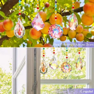 Close-up of four crystal prisms hanging from a tree branch and inside a window frame.