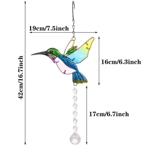 Colorful hummingbird suncatcher with crystal ball, dimensions: 42cm height x 19cm width