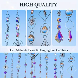Detailed view of various DIY crystal suncatchers featuring celestial charms and prisms