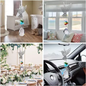 Crystal hummingbird suncatcher with rainbow prisms shown in various home decor settings