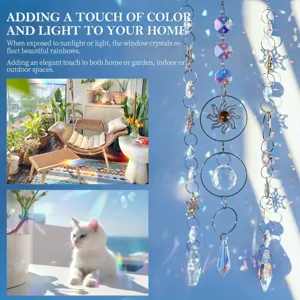 Lifestyle scenes showing crystal suncatchers creating rainbows in home and garden spaces