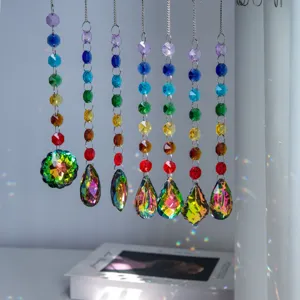 Detail of seven rainbow crystal suncatchers with diverse faceted pendant shapes