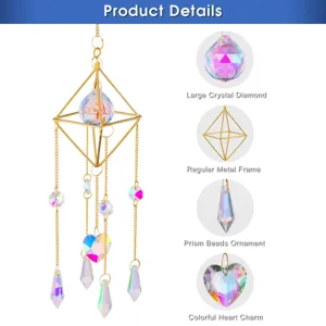 Detail view of crystal suncatcher featuring a golden metal frame and prism beads