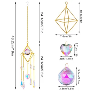 Detailed dimensions of suncatcher crystal pendant with heart and faceted ball components.