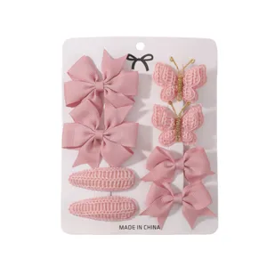 8pcs pink kids hair clip set with ribbon bows, lace butterflies and BB clips