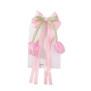 Pinza para el pelo con lazo de tulipán rosa y cintas largas para niñas dulces