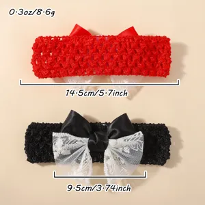 Close-up of hollow breathable baby headbands with lace bow and measurement labels