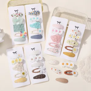 Handgefertigte Stoff Gänseblümchen Haarspangen Set Für Mädchen Bestickte Florale BB Clips Süße Karo Spitze Haarschmuck Für Kinder