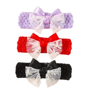 Set of three hollow baby headbands with elegant lace and satin bows in purple red black